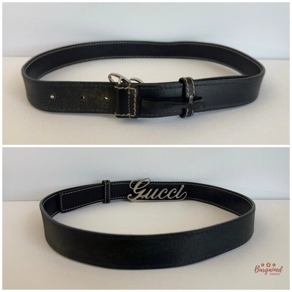 Authentic GUCCI Black Leather Silver Italics Script Logo Buckle Belt 90/36 - Picture 5 of 13